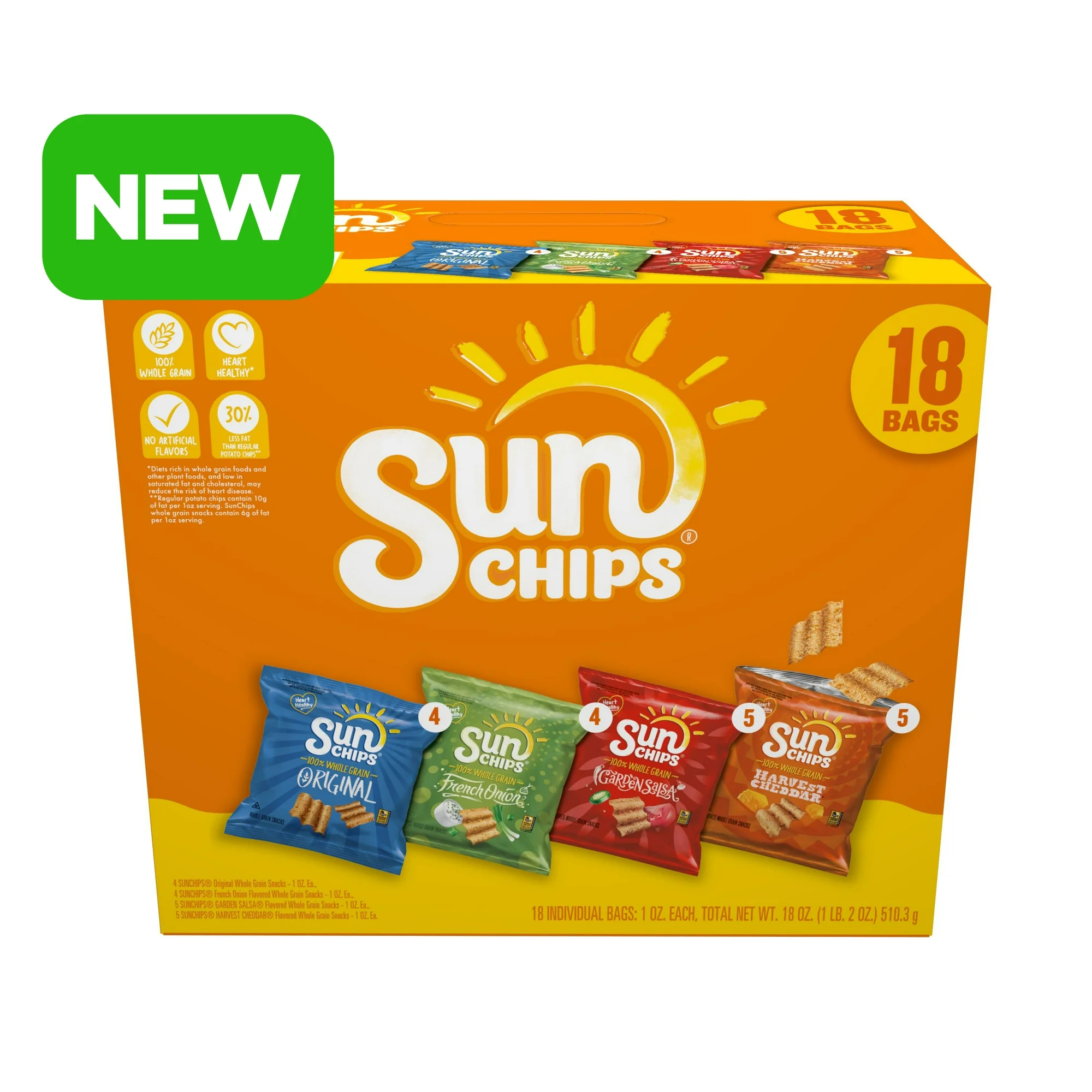 SunChips 100% Whole Grain Snacks, 4 Flavor Variety Pack, 1 oz, 18 Count