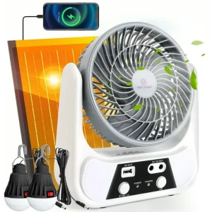 PUCACHI Solar Camping Fan with LED Lantern - 6-inch Portable Rechargeable Fan, Solar/USB-C Dual Charging, Battery Powered, for Tents, Outdoors, Travel, Home, Emergency